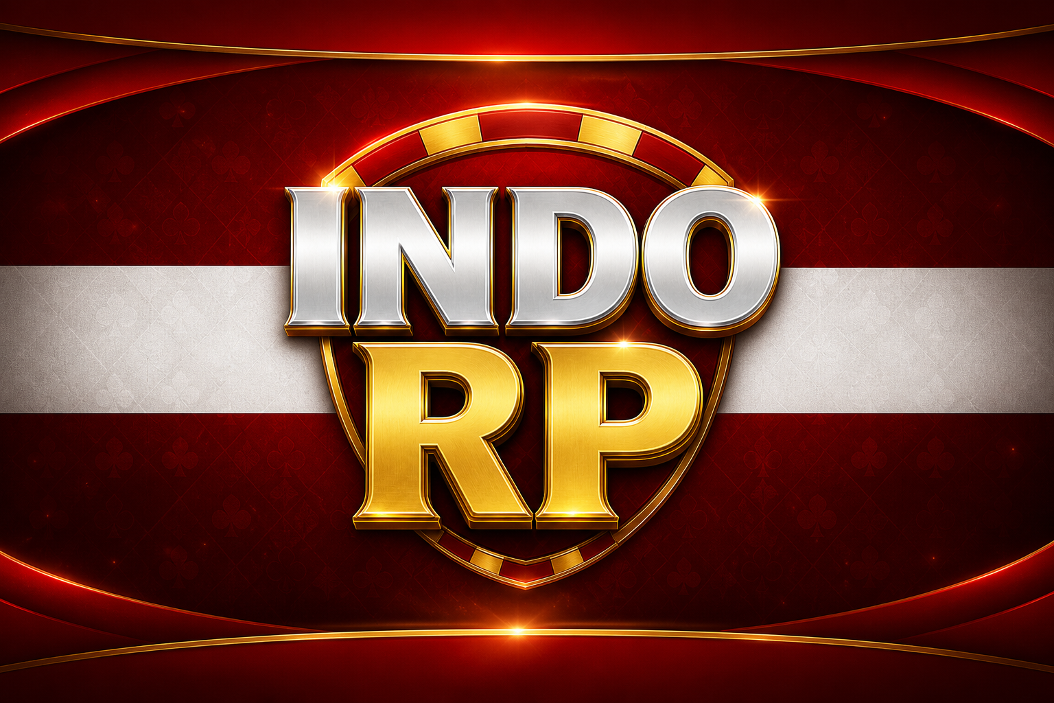 INDO RP: pita merah putih, huruf INDO perak, RP emas, perisai.
